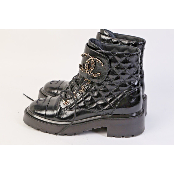 CHANEL Black Logo Quilted Patent Leather Combat Ankle Boots Booties Size 36 - Picture 12 of 14